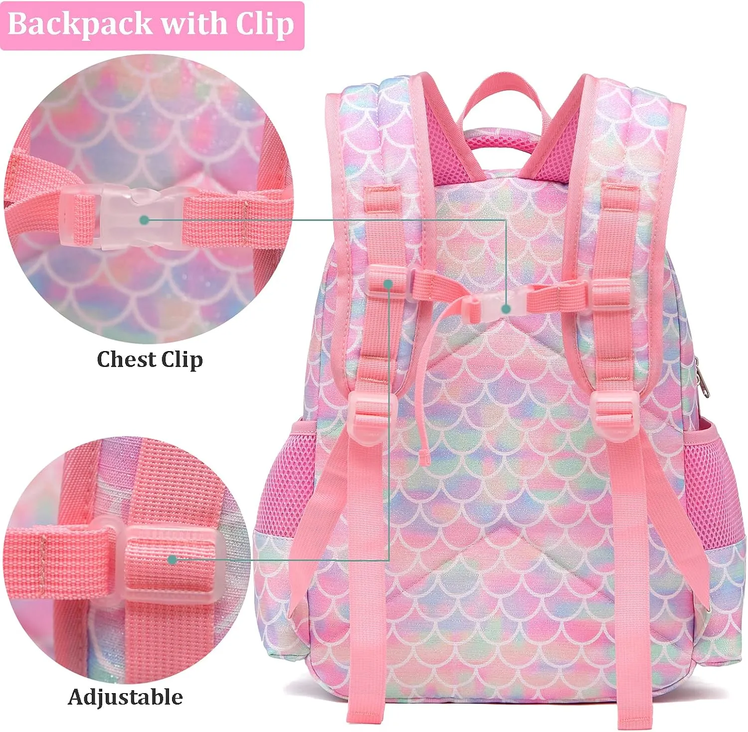 JIANYA Kids Backpack for School Girls Preschool Kindergarten Backpack with Lunch Box & Chest Strap, 15" Tall