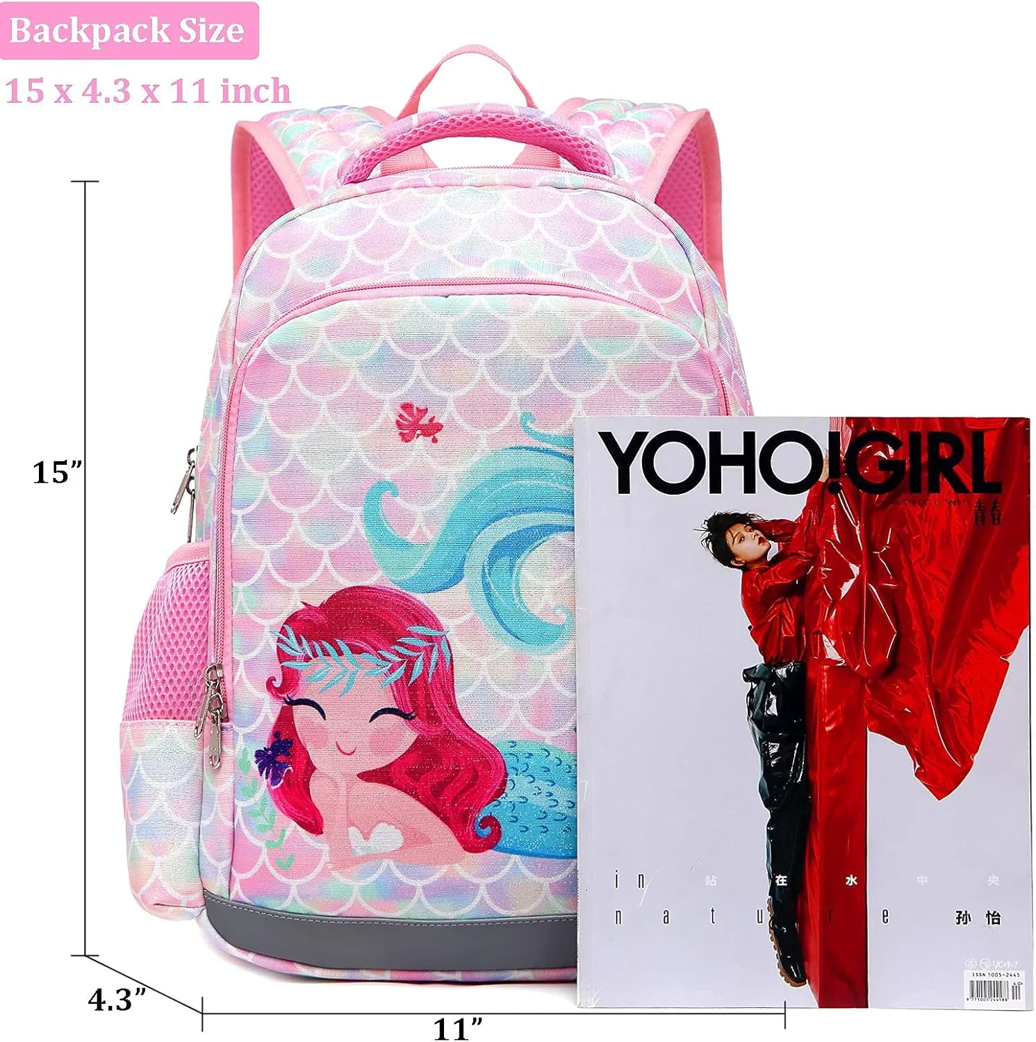 JIANYA Kids Backpack for School Girls Preschool Kindergarten Backpack with Lunch Box & Chest Strap, 15" Tall