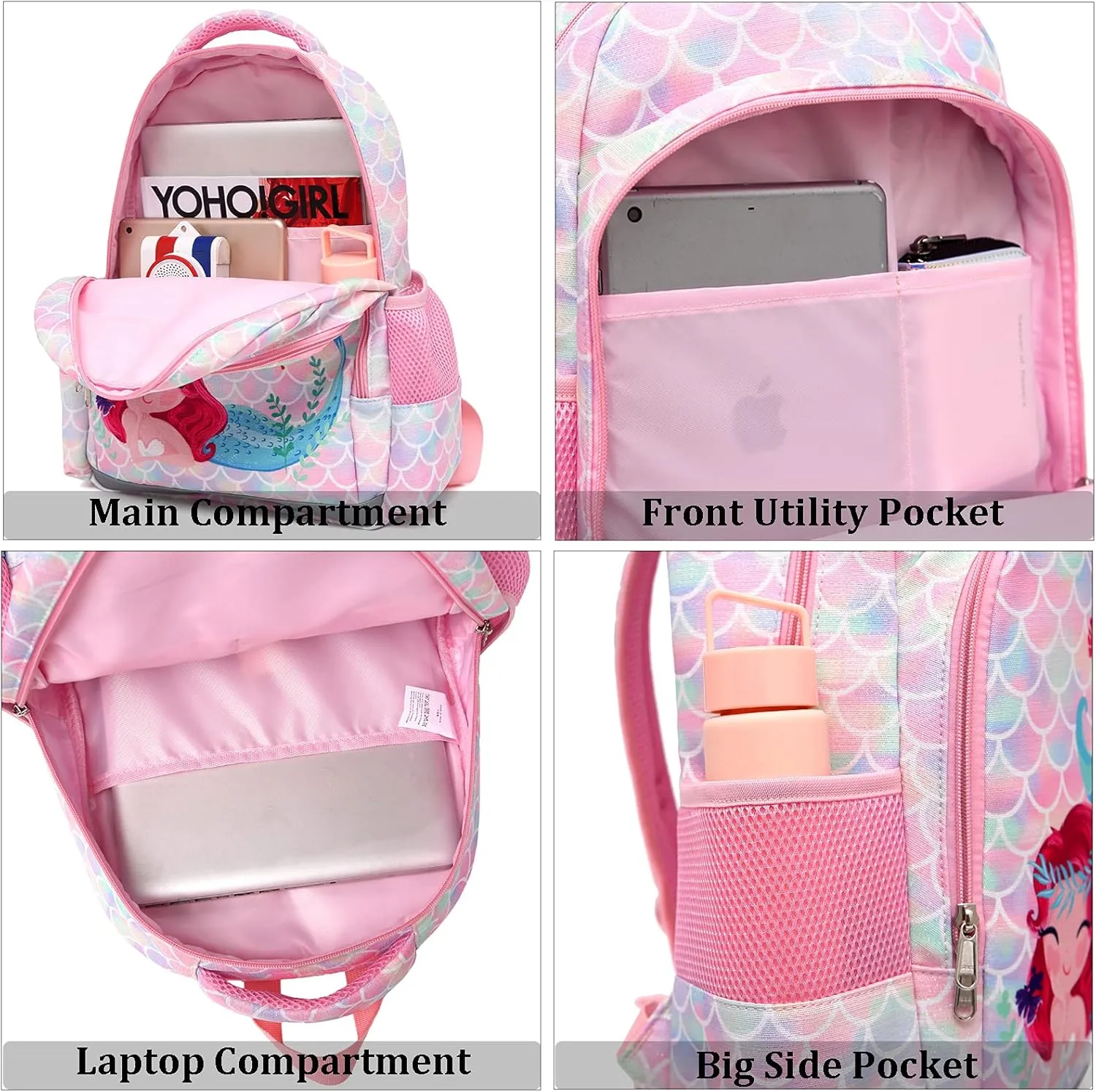 JIANYA Kids Backpack for School Girls Preschool Kindergarten Backpack with Lunch Box & Chest Strap, 15" Tall