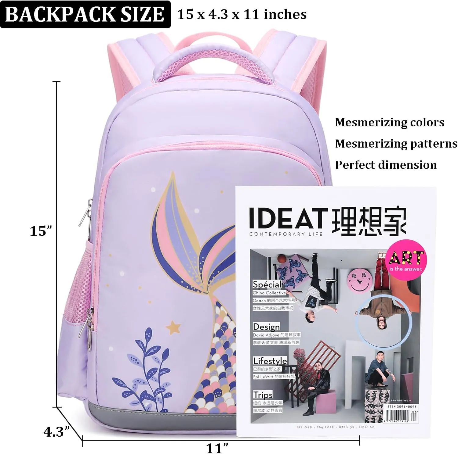 JIANYA Kids Backpack for School Girls Preschool Kindergarten Backpack with Lunch Box & Chest Strap, 15" Tall