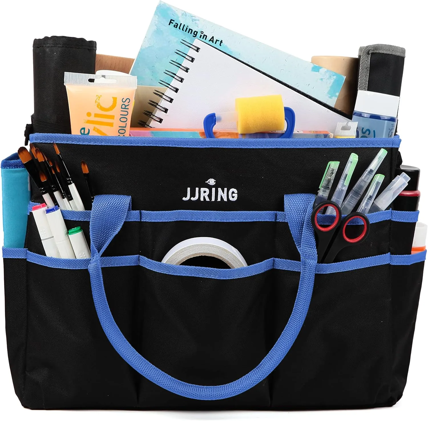 JJRING Large Multi-Functional Carrying Bag, 600D Nylon Artist Tote Bag with 16 Pockets Caddy for Art, Craft, Sewing, Make-up or School, Medical, Office Supplies Organizer, Blue