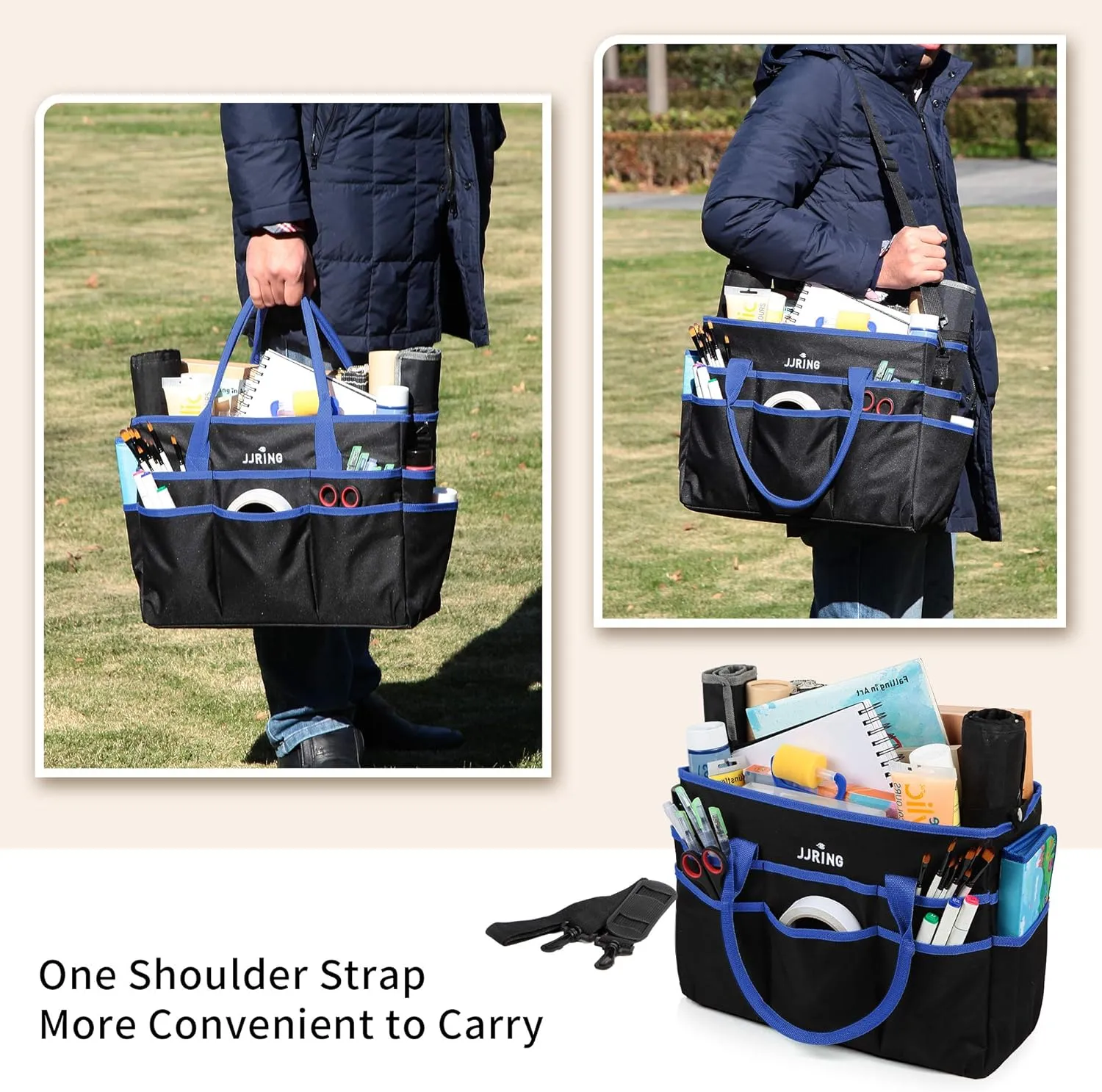 JJRING Large Multi-Functional Carrying Bag, 600D Nylon Artist Tote Bag with 16 Pockets Caddy for Art, Craft, Sewing, Make-up or School, Medical, Office Supplies Organizer, Blue