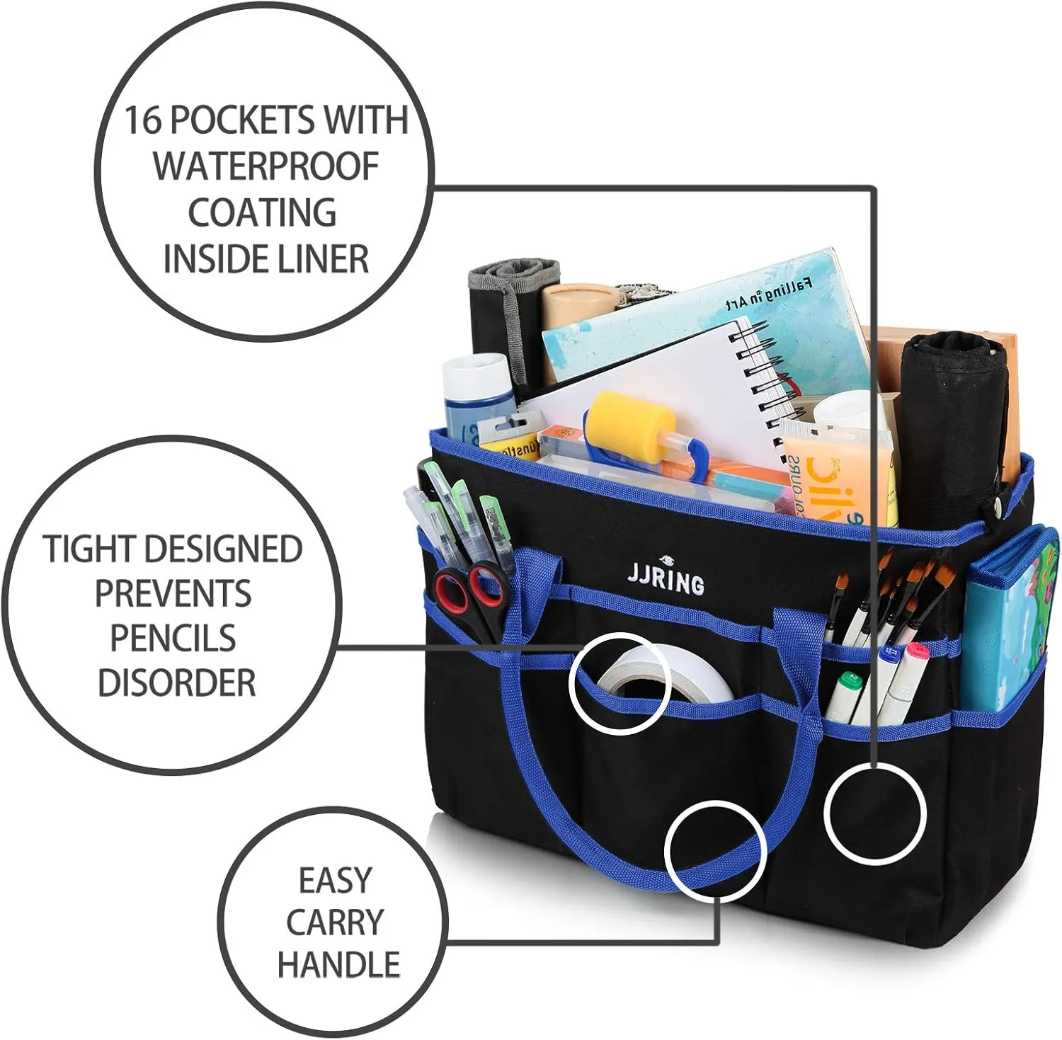 JJRING Large Multi-Functional Carrying Bag, 600D Nylon Artist Tote Bag with 16 Pockets Caddy for Art, Craft, Sewing, Make-up or School, Medical, Office Supplies Organizer, Blue