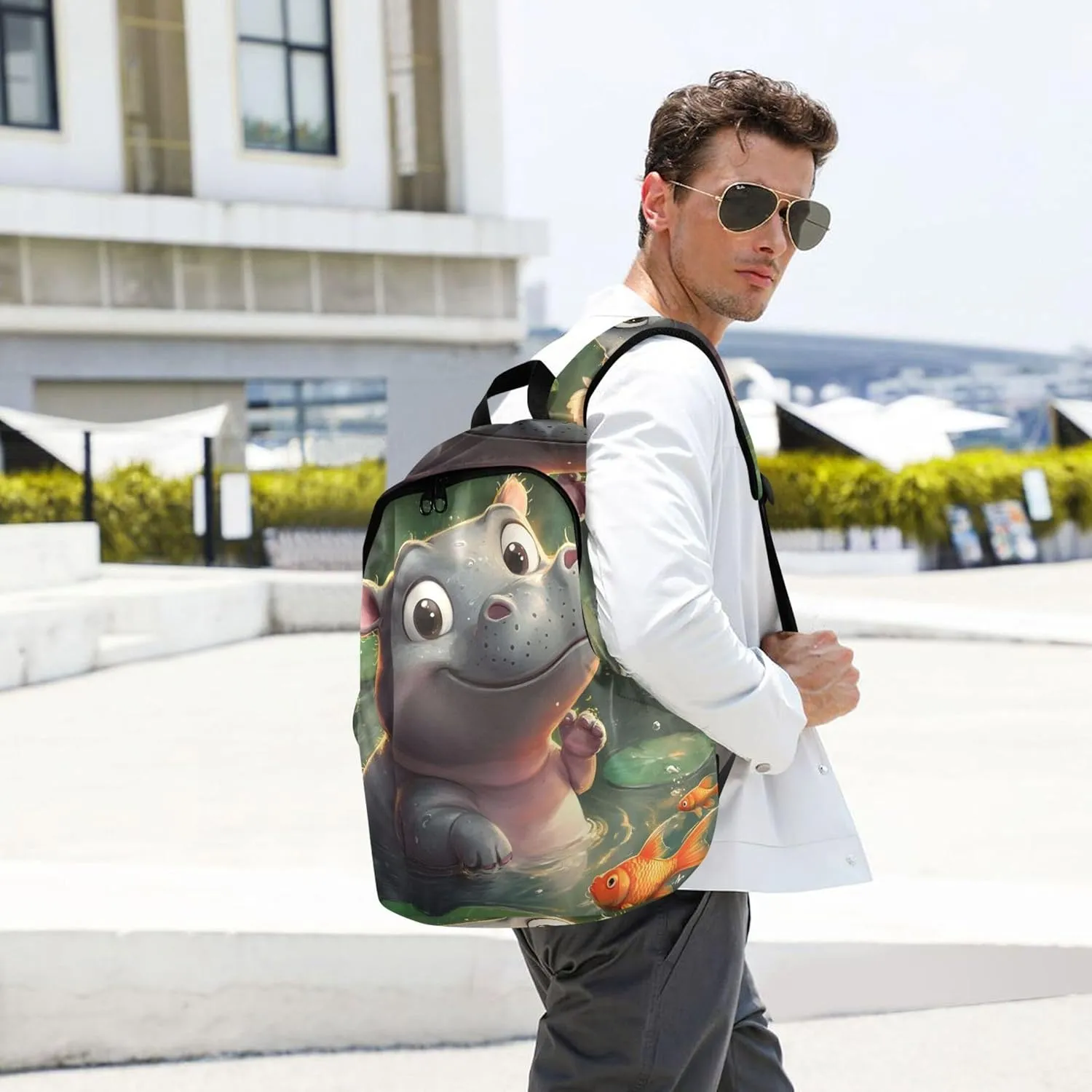 Joisal Cute Cartoon Hippopotamus Casual Backpack for Men Women Simple Bookbag Cool College Student
