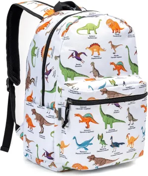 K-Cliffs Classic Backpack Basic Student Campus Daypack Simple Travel Rucksack with Chromebook Laptop Pocket Water Bottle Holder Padded Straps Printed Dinosaur Pattern White