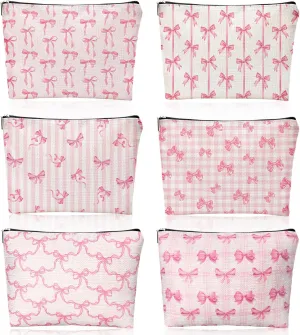 Kacctyen 6 Pack Pink Coquette Bow Makeup Bag Preppy Cosmetic Bags Zipper Pouch Travel Toiletry Bag Pink Trendy Pouch Bag Gift for Coquette Birthday Paty Favor Girls Travel Storage Accessories
