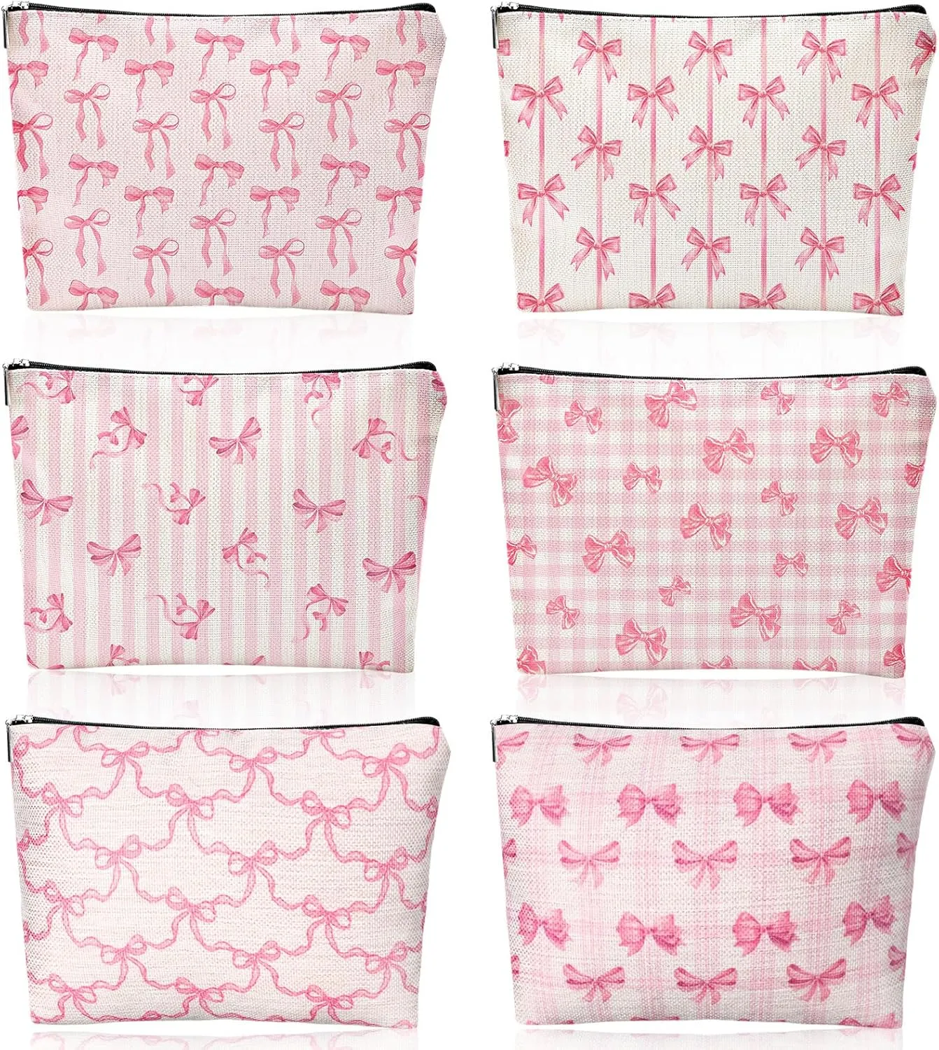 Kacctyen 6 Pack Pink Coquette Bow Makeup Bag Preppy Cosmetic Bags Zipper Pouch Travel Toiletry Bag Pink Trendy Pouch Bag Gift for Coquette Birthday Paty Favor Girls Travel Storage Accessories