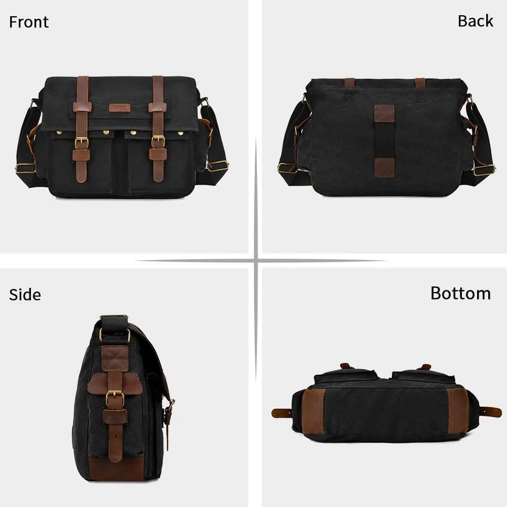 Kattee Military Messenger Bag Canvas Leather Shoulder Bag Fits 14.7/15.6 Inch Laptop