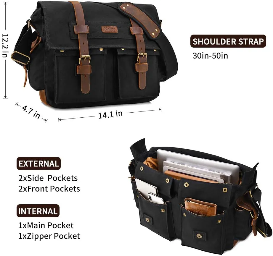 Kattee Military Messenger Bag Canvas Leather Shoulder Bag Fits 14.7/15.6 Inch Laptop