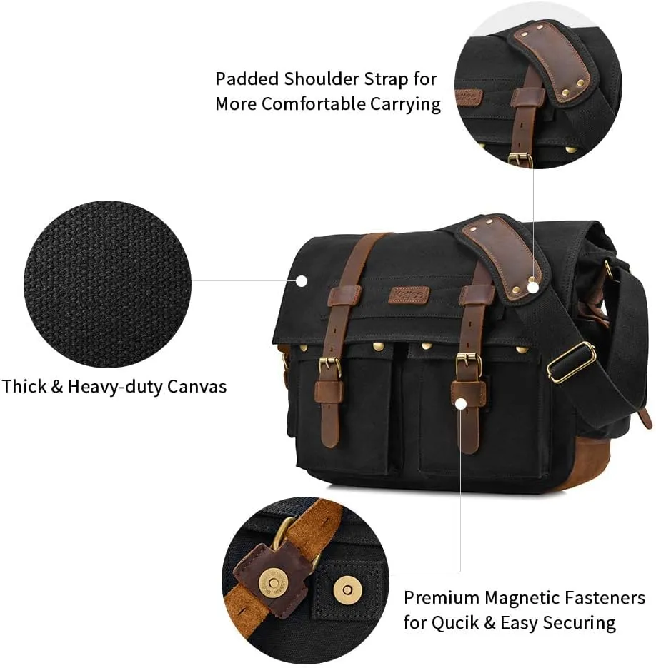 Kattee Military Messenger Bag Canvas Leather Shoulder Bag Fits 14.7/15.6 Inch Laptop