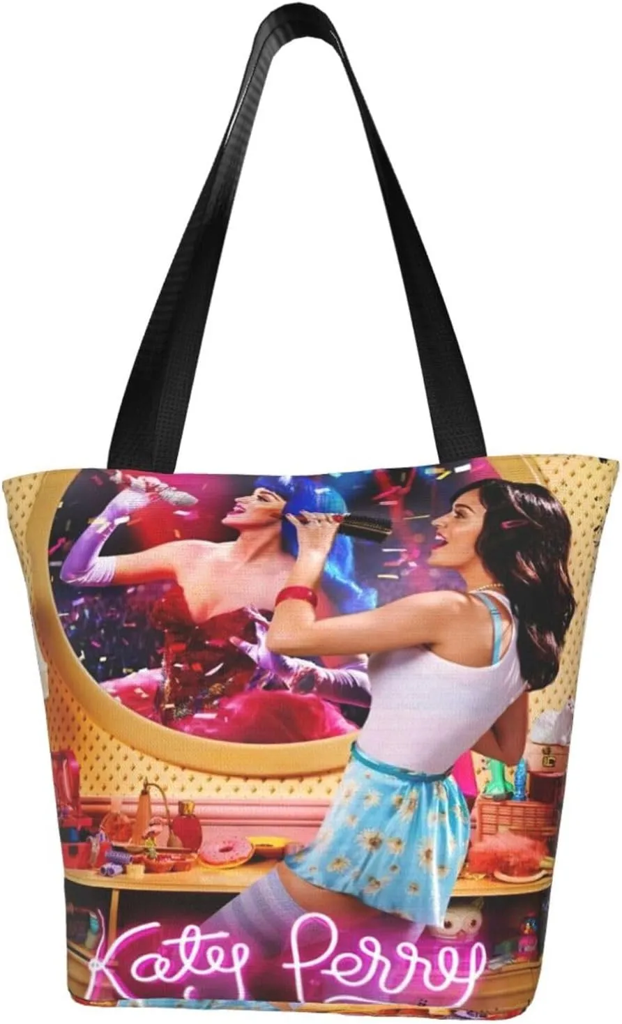 Katy Great Artist Perry Reusable Grocery Bag for Kitchen Shopping Bags Tote Bags with Zipper for Women Shoulder Bag Funny Daily Bag Large Capacity Handbag Storage Bags for Outdoor