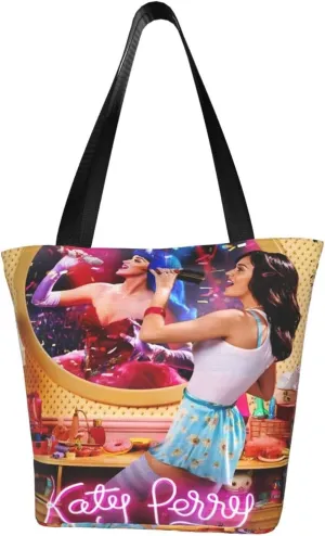 Katy Great Artist Perry Reusable Grocery Bag for Kitchen Shopping Bags Tote Bags with Zipper for Women Shoulder Bag Funny Daily Bag Large Capacity Handbag Storage Bags for Outdoor