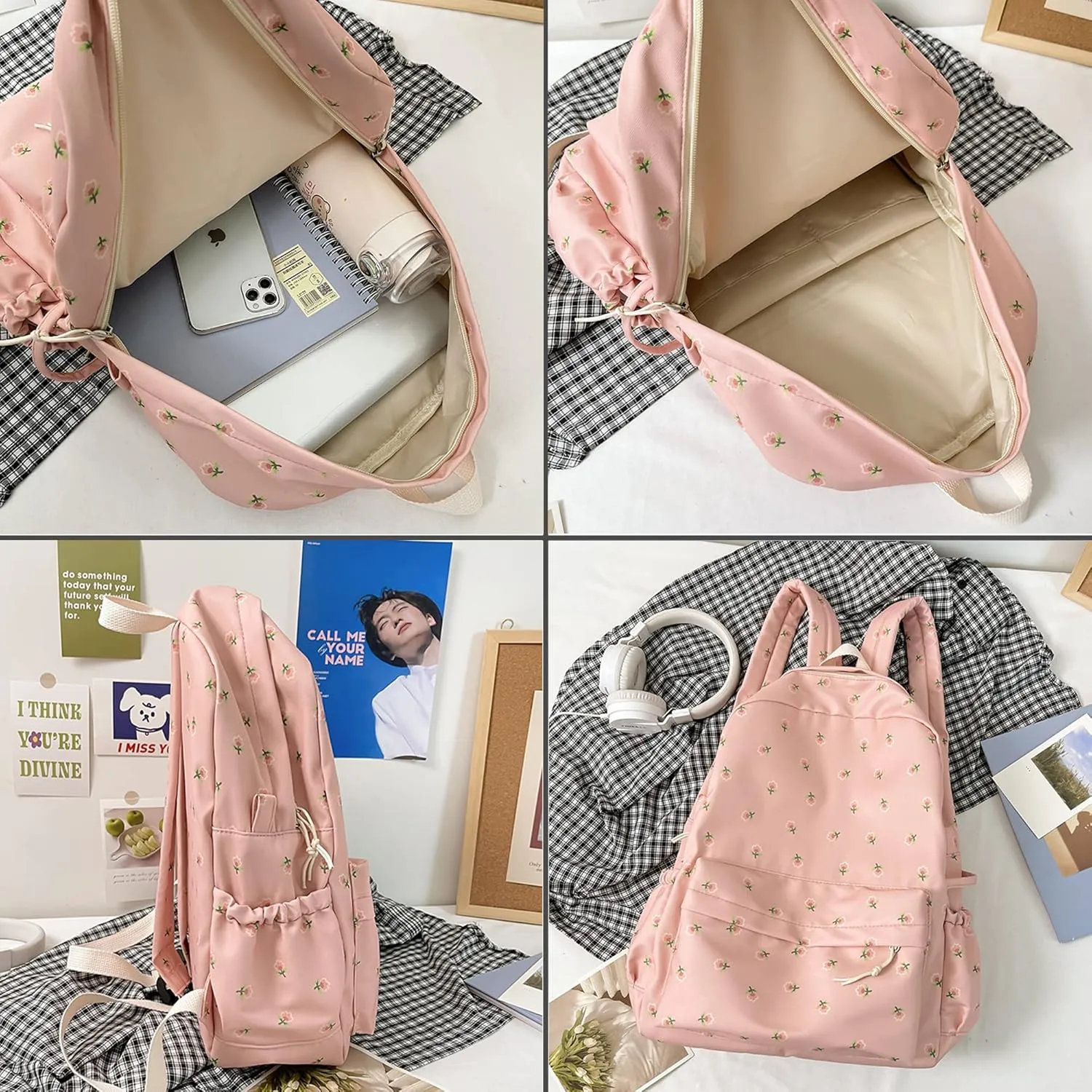 Kawaii Backpack Mori Art Floral Backpack With Pendant 16.1 Inch Aesthetic Backpack Cute Backpack Classic Casual Computer Backpack (Pink)