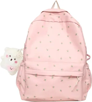 Kawaii Backpack Mori Art Floral Backpack With Pendant 16.1 Inch Aesthetic Backpack Cute Backpack Classic Casual Computer Backpack (Pink)
