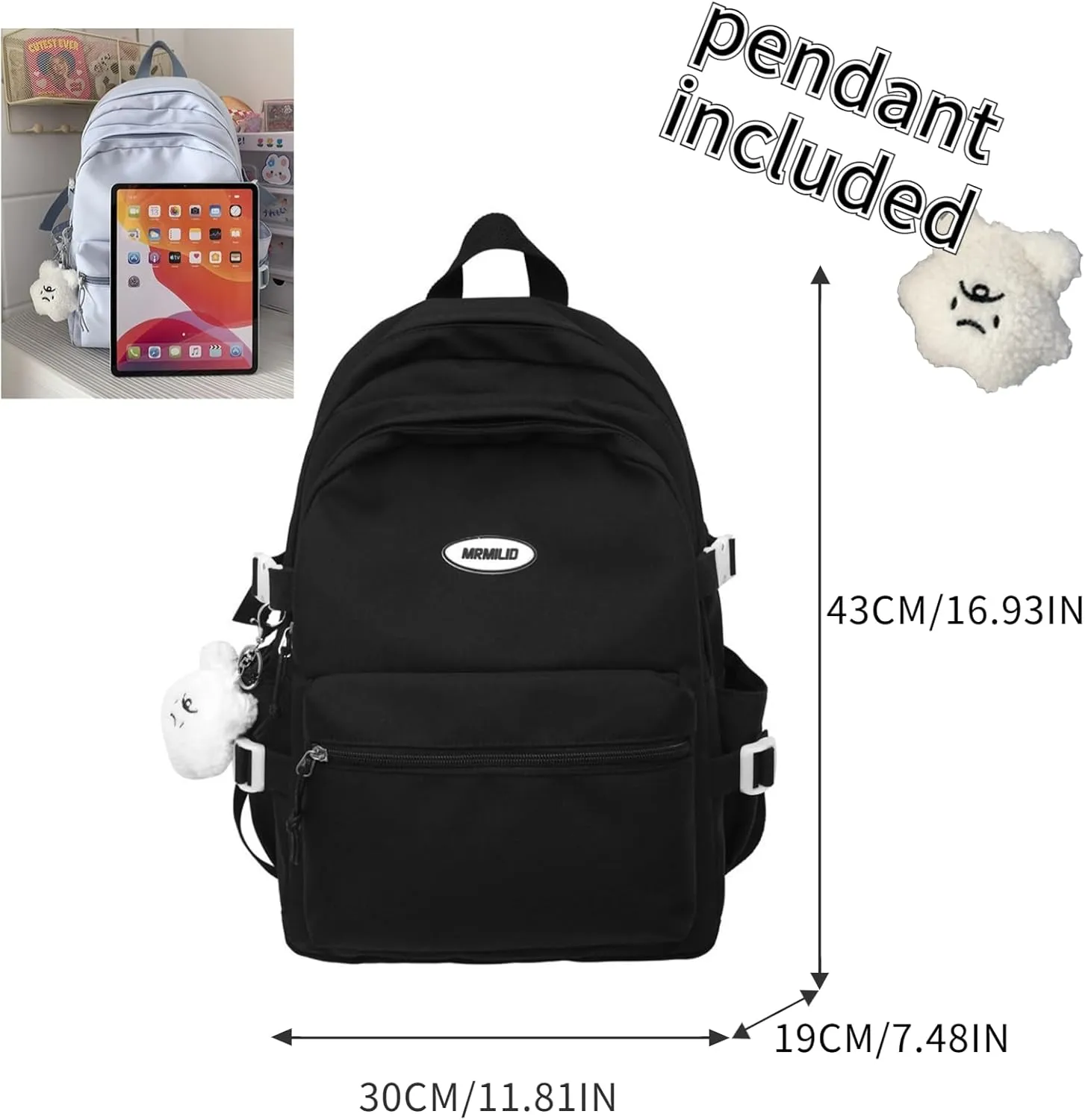 Kawaii Backpack with Cute Accessories Casual Aesthetic Daypack Simple Laptop Bag Waterproof Travel Rucksack for Women (black)