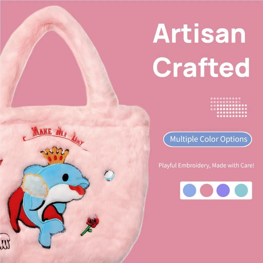 Kawaii Marine Plush Tote Bag for Girls - Snap-Closure Bag Fits iPad/Switch, Soft Ocean-Themed Animal Handbag