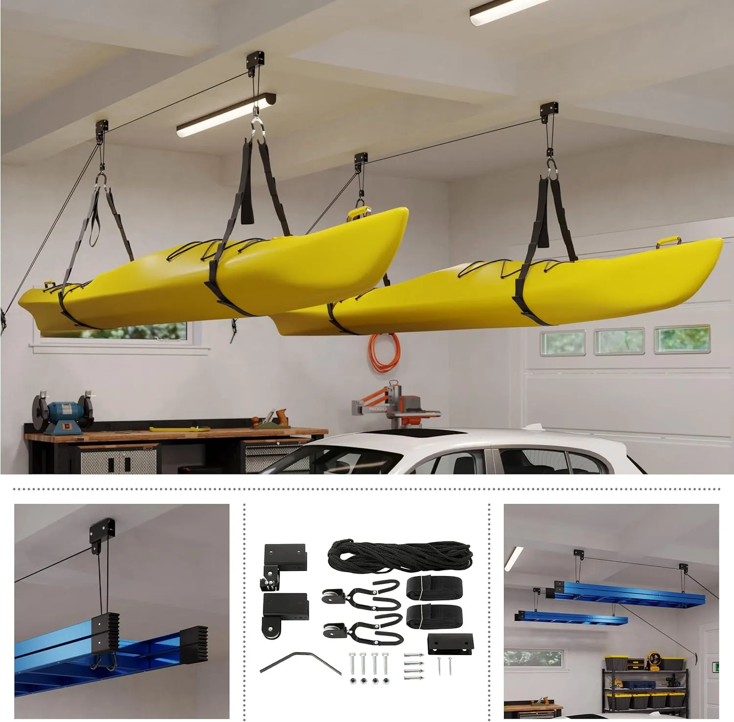 Kayak Storage Hoist - Overhead Pulley System with 125lb Capacity for Canoes, Bikes, Ladders, and More - for up to 12-Foot Ceilings