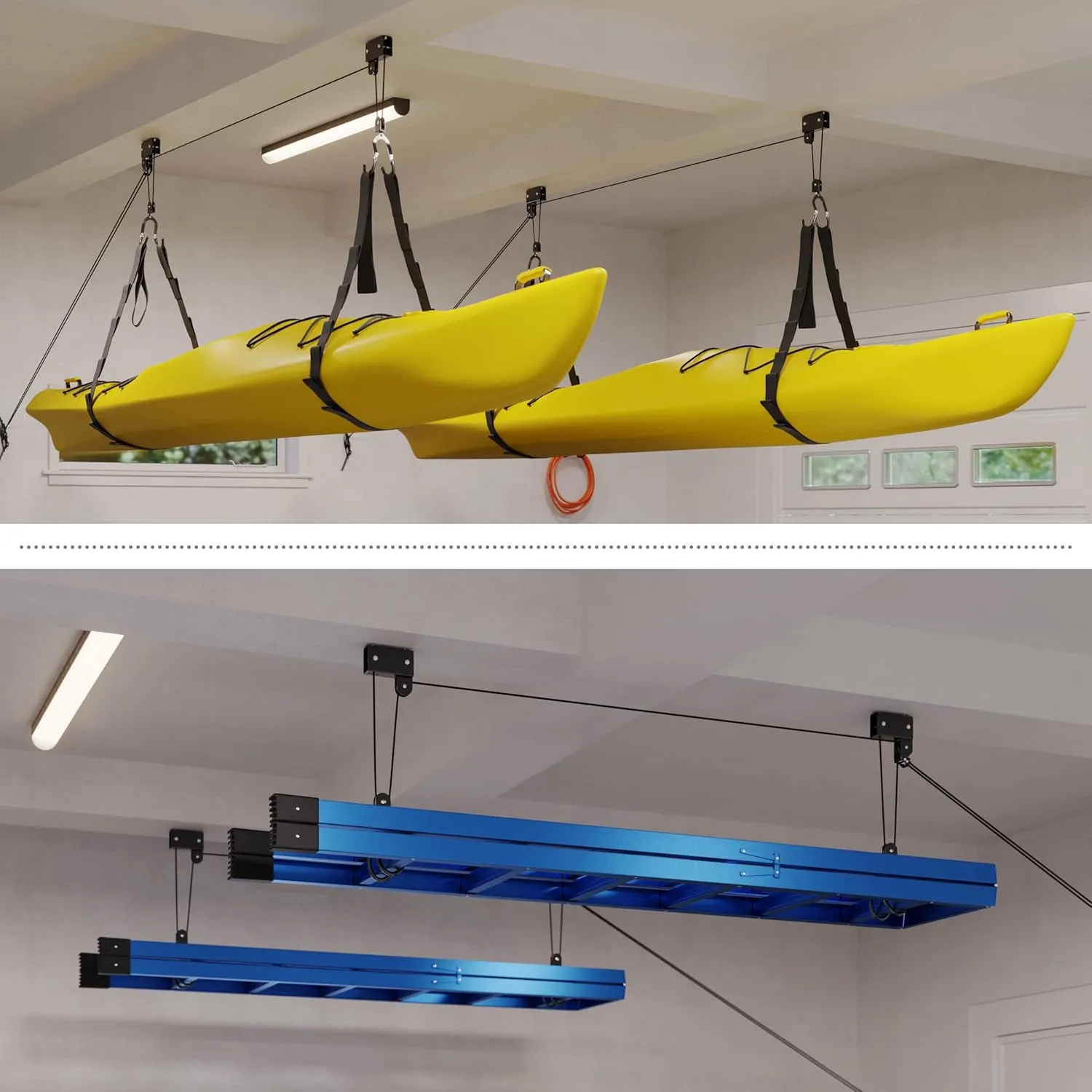 Kayak Storage Hoist - Overhead Pulley System with 125lb Capacity for Canoes, Bikes, Ladders, and More - for up to 12-Foot Ceilings