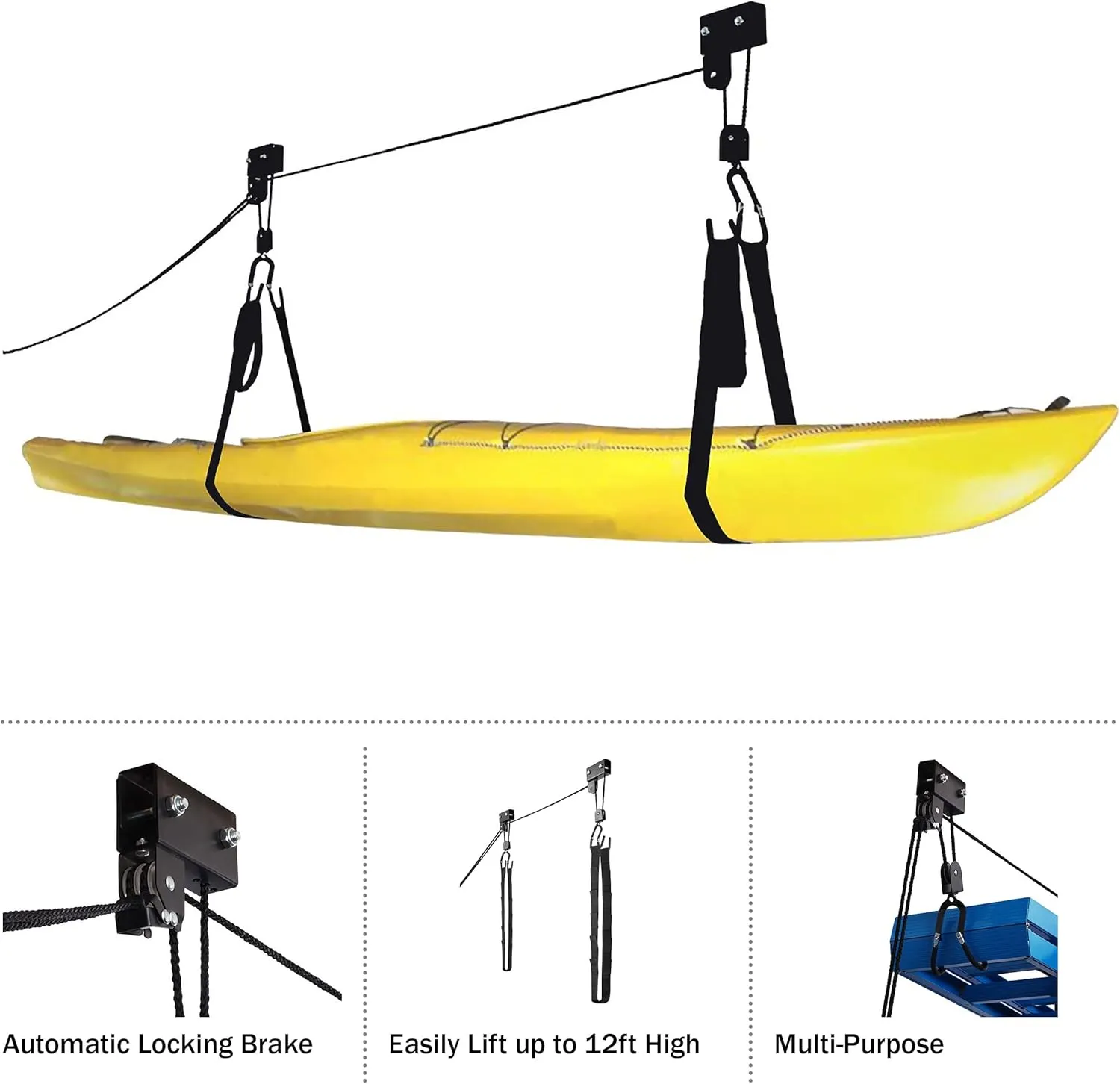 Kayak Storage Hoist - Overhead Pulley System with 125lb Capacity for Canoes, Bikes, Ladders, and More - for up to 12-Foot Ceilings