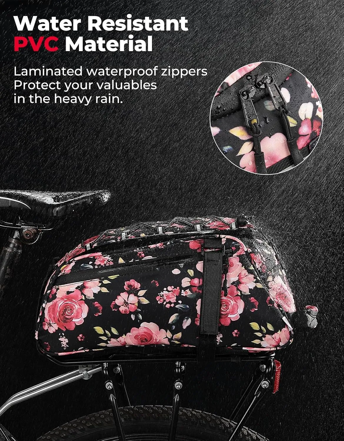 KEMIMOTO Rear Bike Rack Bag, 13L Water-resistant Trunk Bags 3-IN-1, Zippered Bicycle Backpack Shoulder Pannier Saddle Pack for Ebikes Cycling Commuting Travel Outdoor Camping, Pink