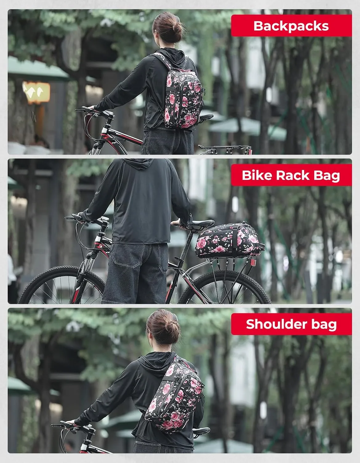 KEMIMOTO Rear Bike Rack Bag, 13L Water-resistant Trunk Bags 3-IN-1, Zippered Bicycle Backpack Shoulder Pannier Saddle Pack for Ebikes Cycling Commuting Travel Outdoor Camping, Pink