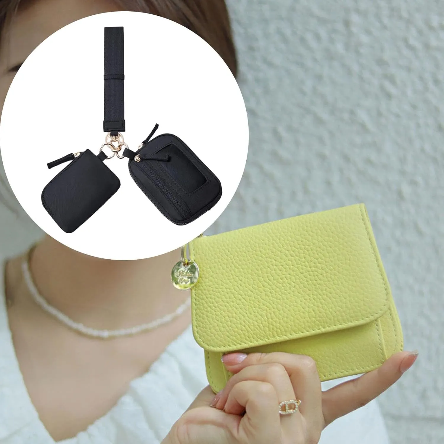 Keychain Wristlet Wallet Small Wallet with Keyring Bag Water Resistant Practical Purse Double Pouch for Birthday Gift Trekking, Black