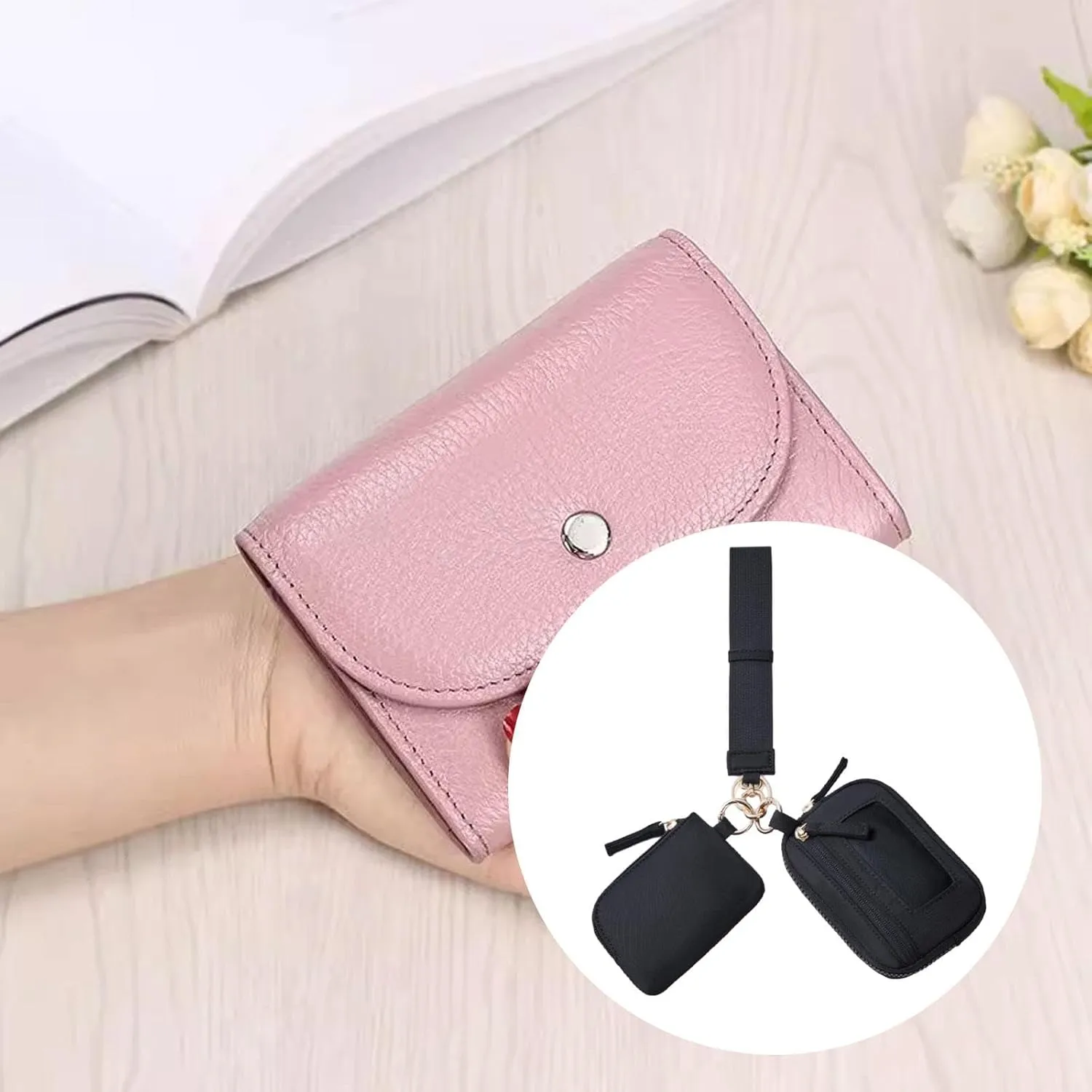 Keychain Wristlet Wallet Small Wallet with Keyring Bag Water Resistant Practical Purse Double Pouch for Birthday Gift Trekking, Black
