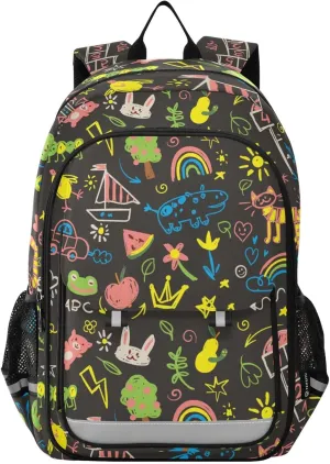 Kids Colorful Doodle Rabbit Backpack for Boys Girls Elementary School Bag Kids Bookbag Travel Rucksack With Reflective Stripes