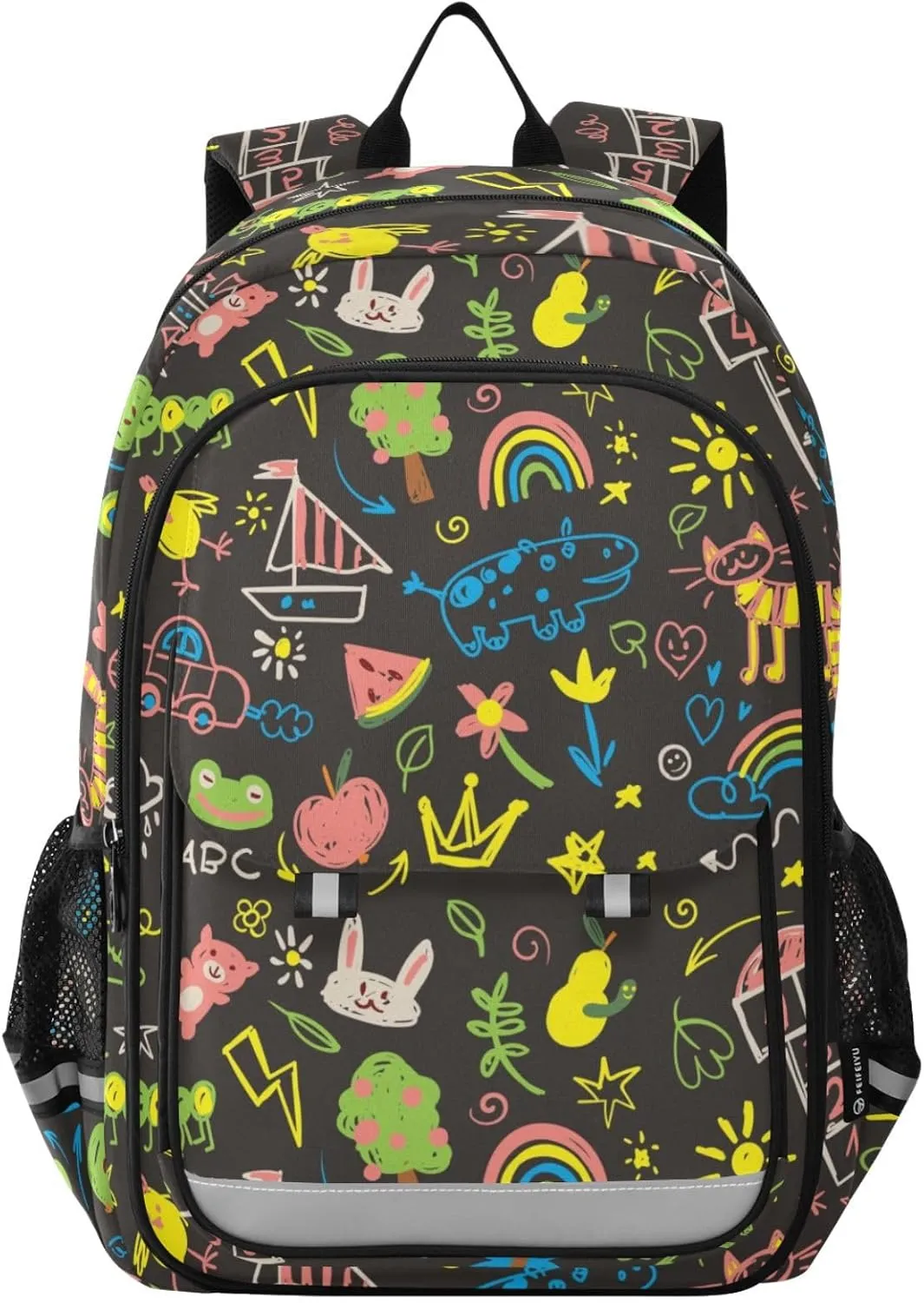Kids Colorful Doodle Rabbit Backpack for Boys Girls Elementary School Bag Kids Bookbag Travel Rucksack With Reflective Stripes