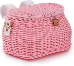 Kids Cycling Basket Set - Handwoven Rattan Backpack with Lid and Shoulder Strap for Bike, Scooter, Tricycle