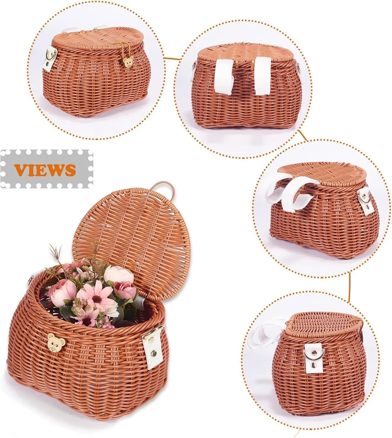 Kids Cycling Basket Set - Handwoven Rattan Backpack with Lid and Shoulder Strap for Bike, Scooter, Tricycle