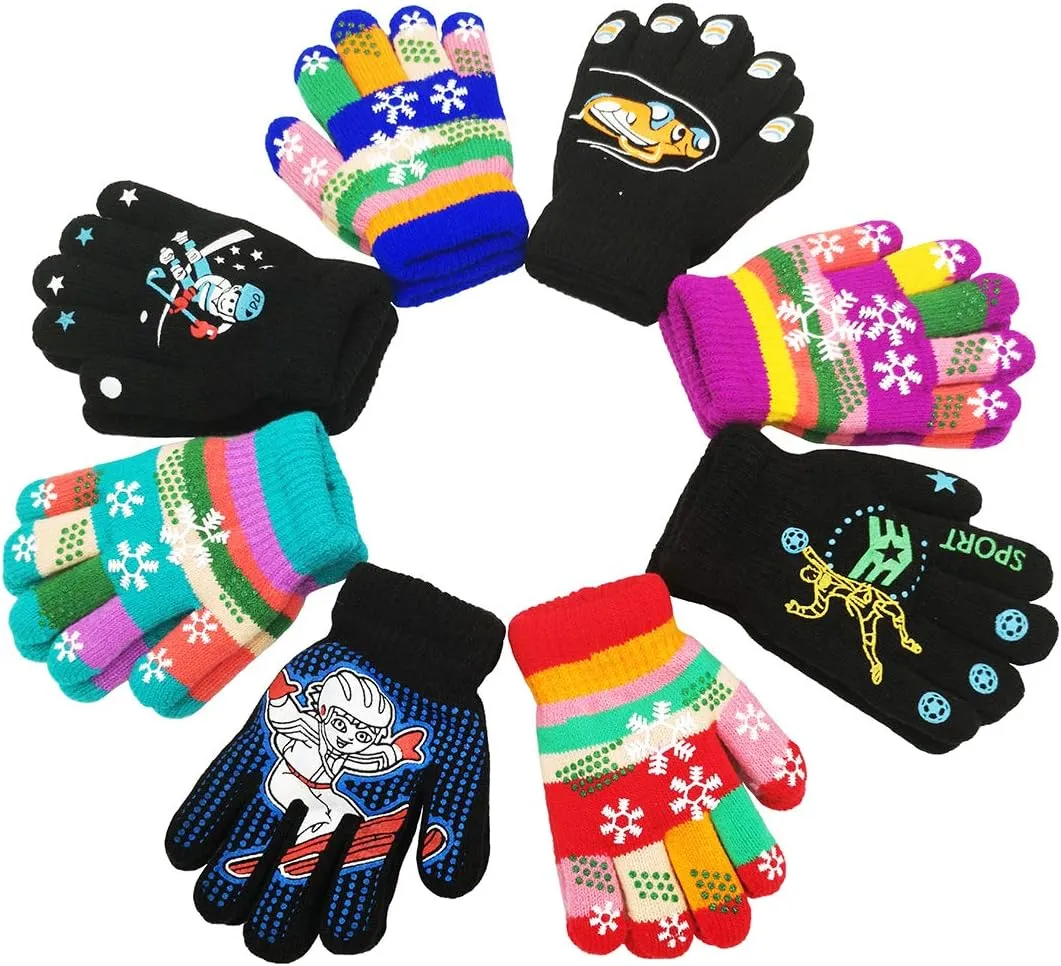 Kids Gloves, Magic Stretch Gloves 8 Pairs, Children Anti-Slip Full Fingers Knitted Winter Glove for Boys and Girls