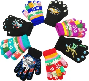 Kids Gloves, Magic Stretch Gloves 8 Pairs, Children Anti-Slip Full Fingers Knitted Winter Glove for Boys and Girls