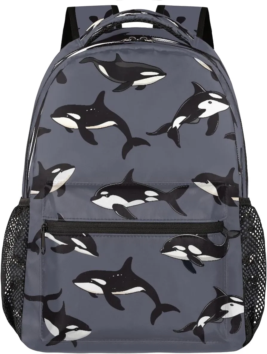 Kids School Backpack Cute Orcas Jumping Dark Gray Large Bookbag for Elementary Students Boys Girls Lightweight Travel Casual Daypack Water Resistant Outdoor Hiking Sport Rucksack