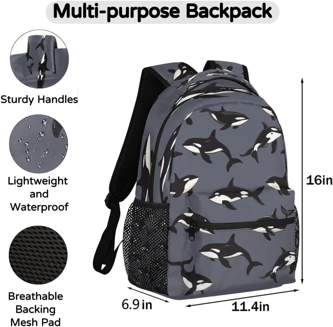 Kids School Backpack Cute Orcas Jumping Dark Gray Large Bookbag for Elementary Students Boys Girls Lightweight Travel Casual Daypack Water Resistant Outdoor Hiking Sport Rucksack