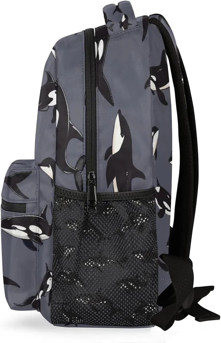 Kids School Backpack Cute Orcas Jumping Dark Gray Large Bookbag for Elementary Students Boys Girls Lightweight Travel Casual Daypack Water Resistant Outdoor Hiking Sport Rucksack