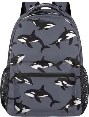 Kids School Backpack Cute Orcas Jumping Dark Gray Large Bookbag for Elementary Students Boys Girls Lightweight Travel Casual Daypack Water Resistant Outdoor Hiking Sport Rucksack