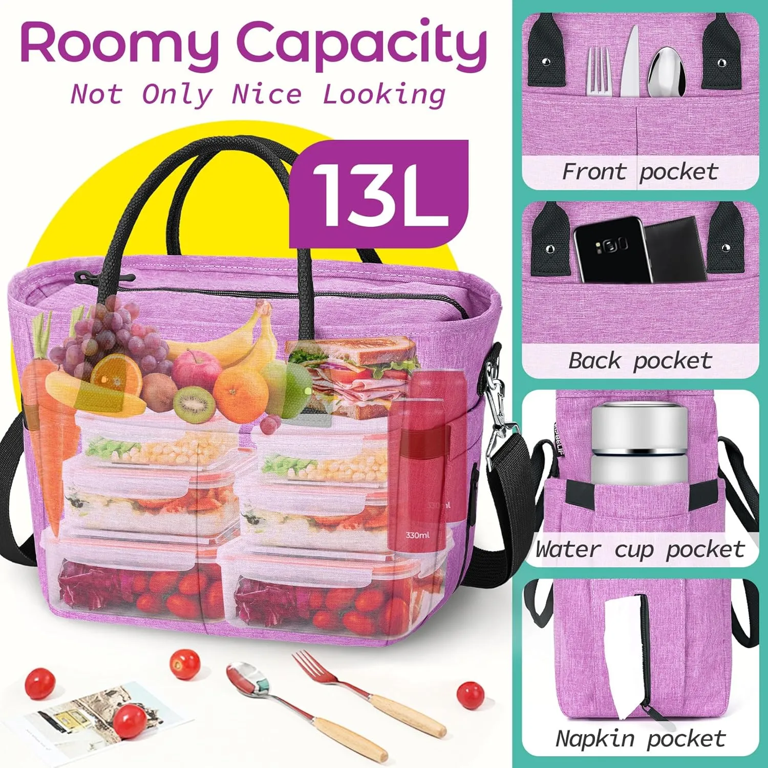KIPBELIF Cute&Classy Roomy Insulated Lunch Bags for Women - Stylish & Functional Large Tote Adult Lunch Box for Working & Picnic