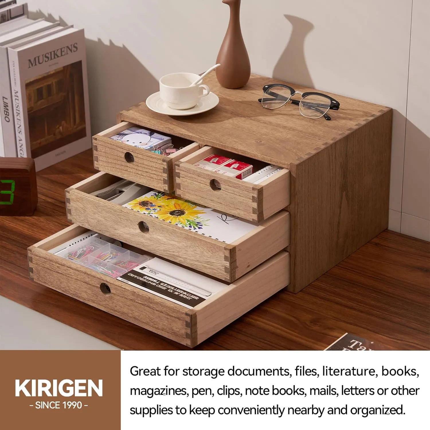 KIRIGEN Wood Desktop Storage Cabinet/Workspace Document Office Necessity Organizer with 4 Drawers/Home,Office Letter Mail Sorter with 3 Levels/Hold Makeup Box (BR, 3-Layer &4 Drawers)