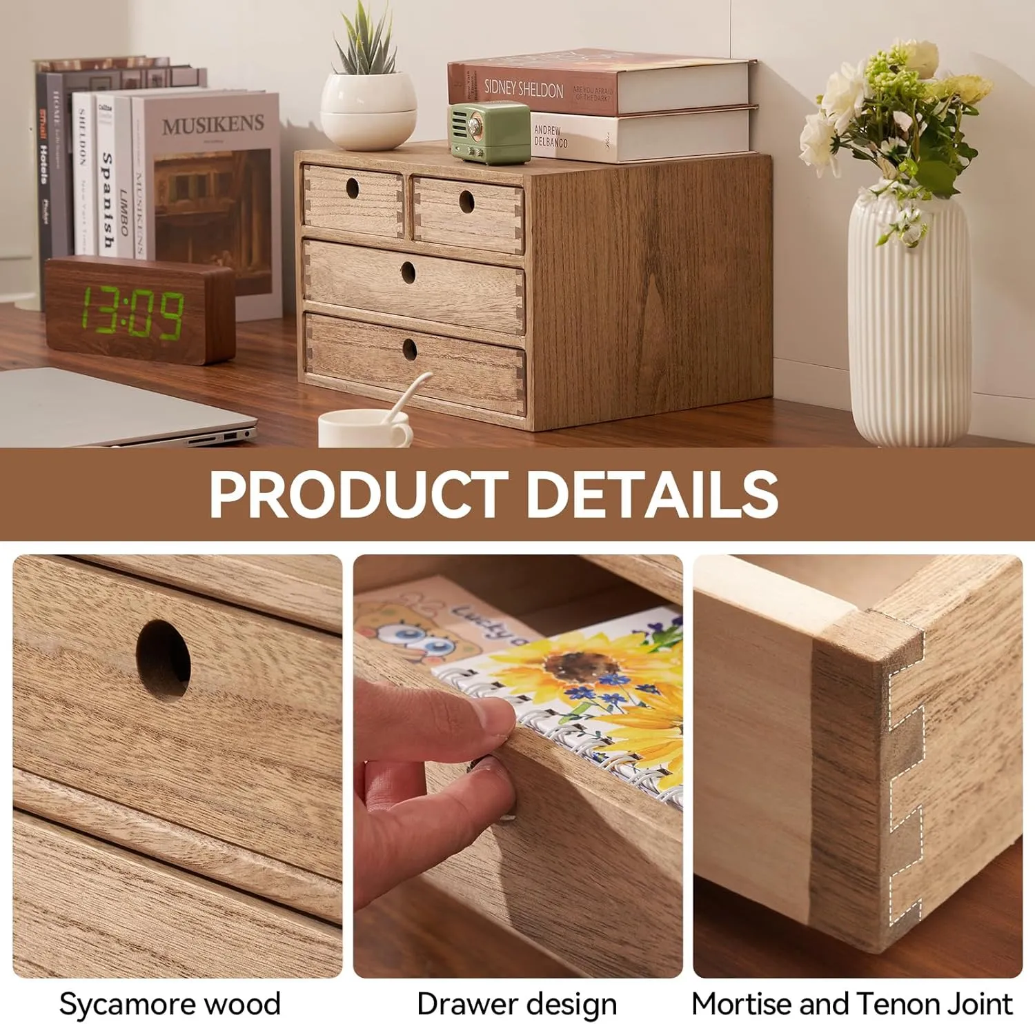 KIRIGEN Wood Desktop Storage Cabinet/Workspace Document Office Necessity Organizer with 4 Drawers/Home,Office Letter Mail Sorter with 3 Levels/Hold Makeup Box (BR, 3-Layer &4 Drawers)
