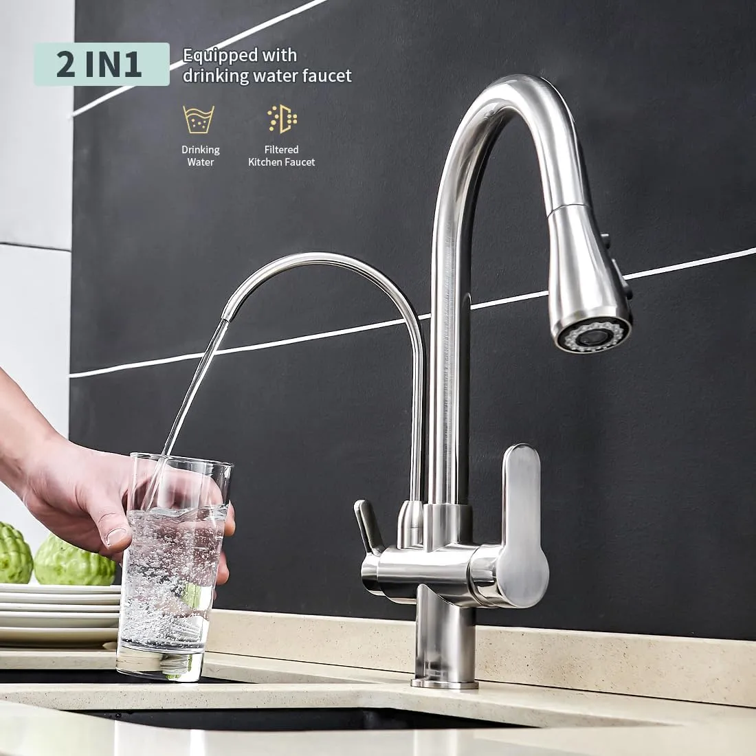 Kitchen Sink Faucet with Pull Down Sprayer 2 Handle 3 in 1 Water Filter Purifier Faucets Brushed Nickel 0195SN