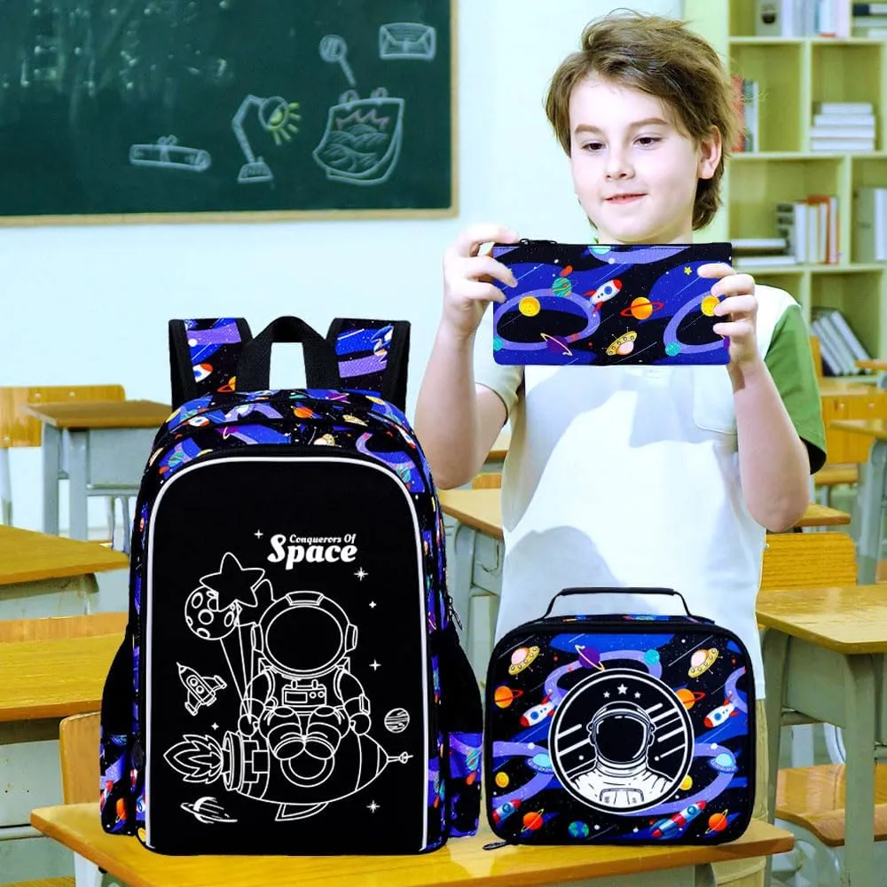 KLFVB 3PCS Boys Astronaut Backpack, Luminous School Backpacks with Lunch Box, 17" Water Resistant Kids Camo Bookbag for Middle Elementary Teens to School Travel - Luminous Rocket Astronaut