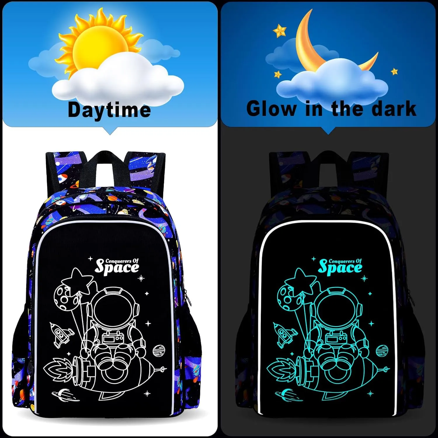 KLFVB 3PCS Boys Astronaut Backpack, Luminous School Backpacks with Lunch Box, 17" Water Resistant Kids Camo Bookbag for Middle Elementary Teens to School Travel - Luminous Rocket Astronaut
