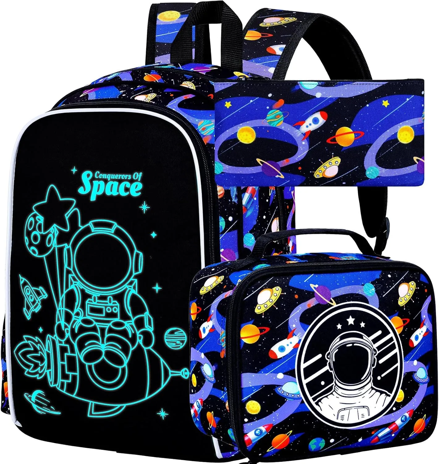 KLFVB 3PCS Boys Astronaut Backpack, Luminous School Backpacks with Lunch Box, 17" Water Resistant Kids Camo Bookbag for Middle Elementary Teens to School Travel - Luminous Rocket Astronaut