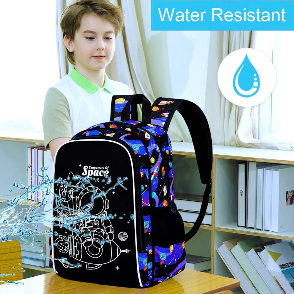 KLFVB 3PCS Boys Astronaut Backpack, Luminous School Backpacks with Lunch Box, 17" Water Resistant Kids Camo Bookbag for Middle Elementary Teens to School Travel - Luminous Rocket Astronaut