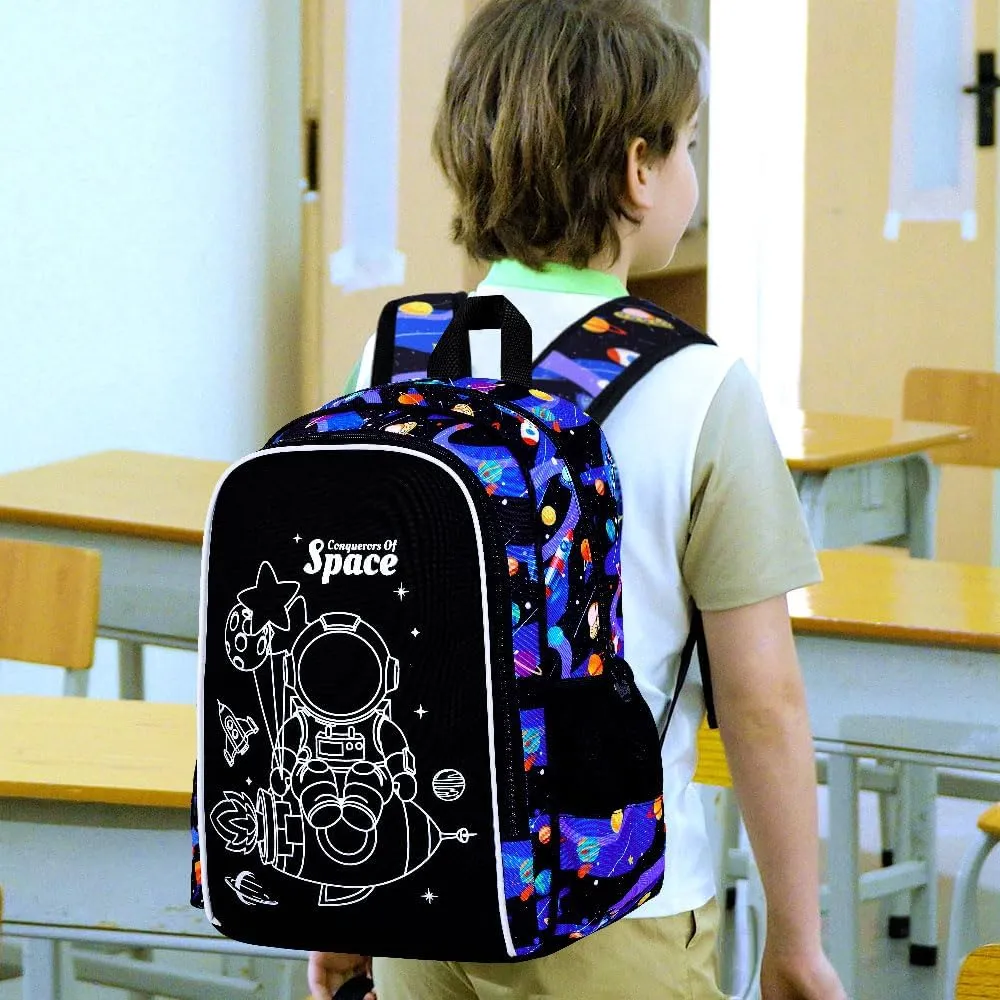 KLFVB 3PCS Boys Astronaut Backpack, Luminous School Backpacks with Lunch Box, 17" Water Resistant Kids Camo Bookbag for Middle Elementary Teens to School Travel - Luminous Rocket Astronaut