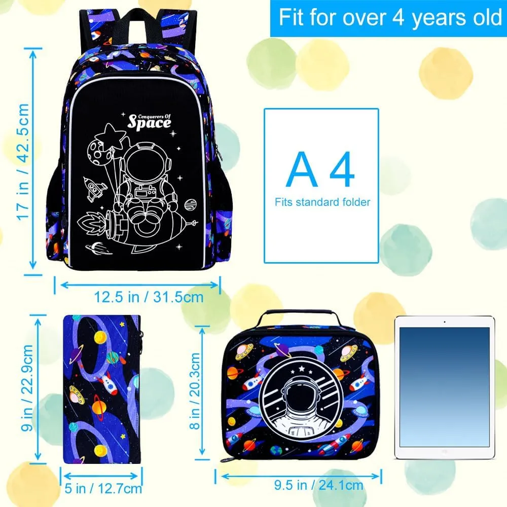 KLFVB 3PCS Boys Astronaut Backpack, Luminous School Backpacks with Lunch Box, 17" Water Resistant Kids Camo Bookbag for Middle Elementary Teens to School Travel - Luminous Rocket Astronaut