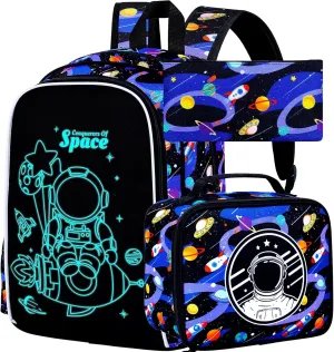 KLFVB 3PCS Boys Astronaut Backpack, Luminous School Backpacks with Lunch Box, 17" Water Resistant Kids Camo Bookbag for Middle Elementary Teens to School Travel - Luminous Rocket Astronaut