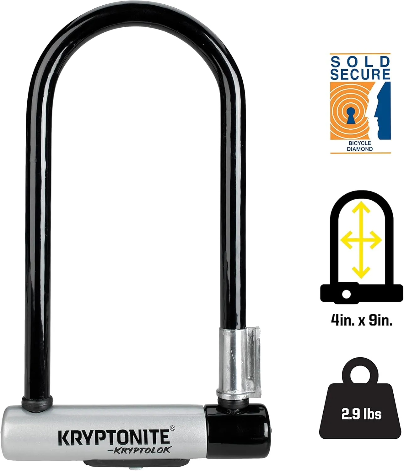 Kryptonite Kryptolok Standard Bike U-Lock, Heavy Duty Anti-Theft Bicycle U Lock, 12.7mm Shackle with Mounting Bracket and Keys, High Security Lock for Bicycles Scooters,Black