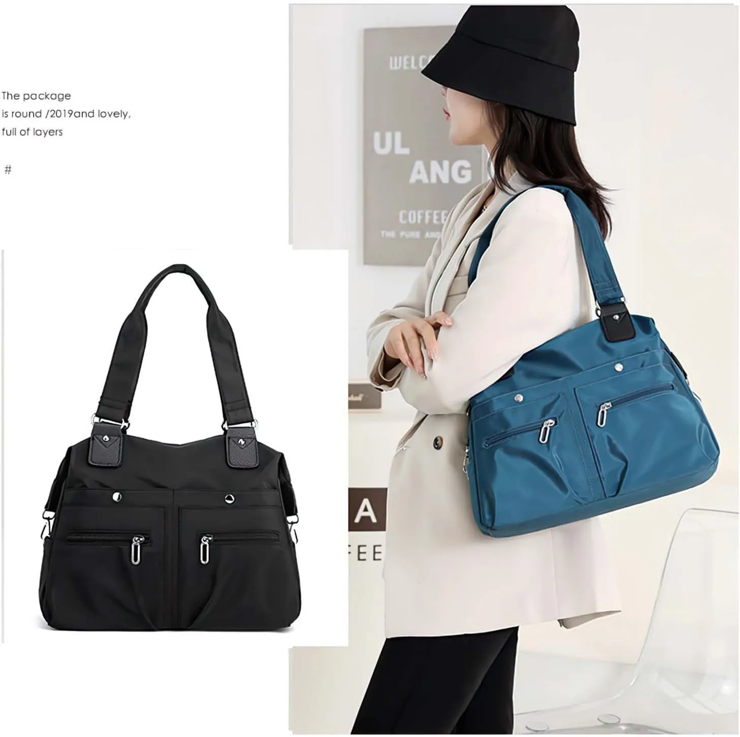 Langrents Large Capacity Waterproof Multi Pocket Shoulder Bag, Crossbody Travel Messenger Bag, Nylon Shoulder Tote Bag